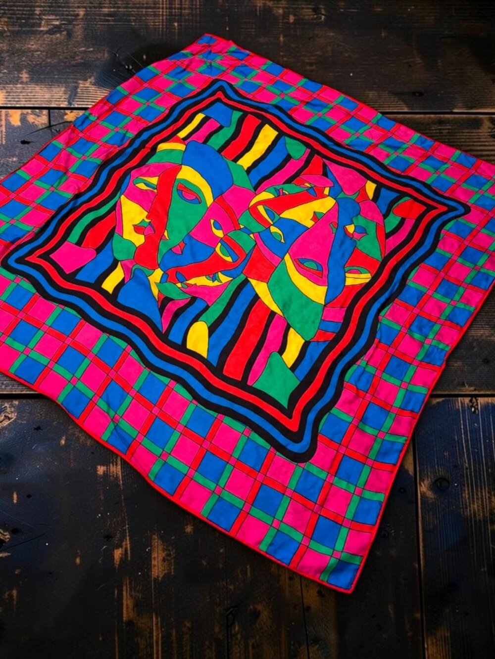 Elaine Gold Vintage Multicolor Abstract Face Silk Scarf 30"x32" Vibrant Colors R